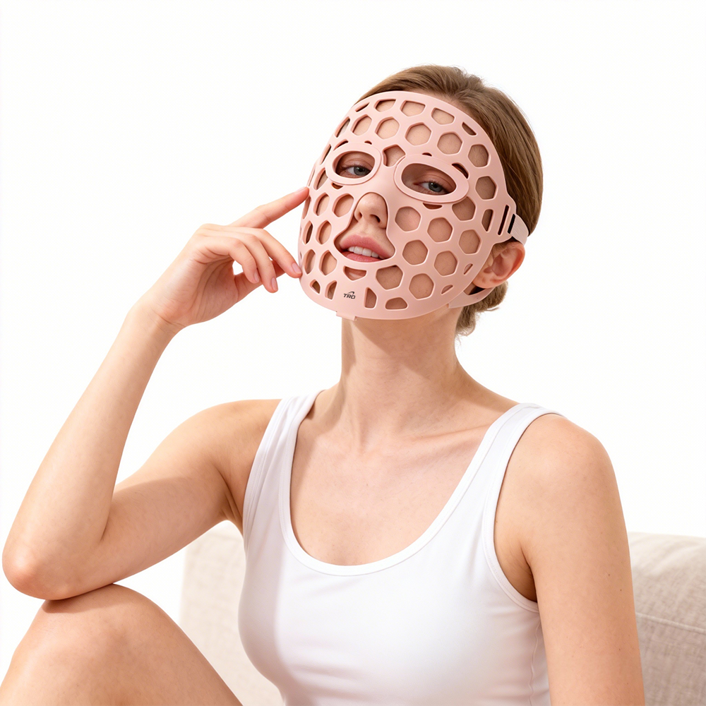 Model wearing the InfraCore Radiance LED Mask — hands-free wireless silicone